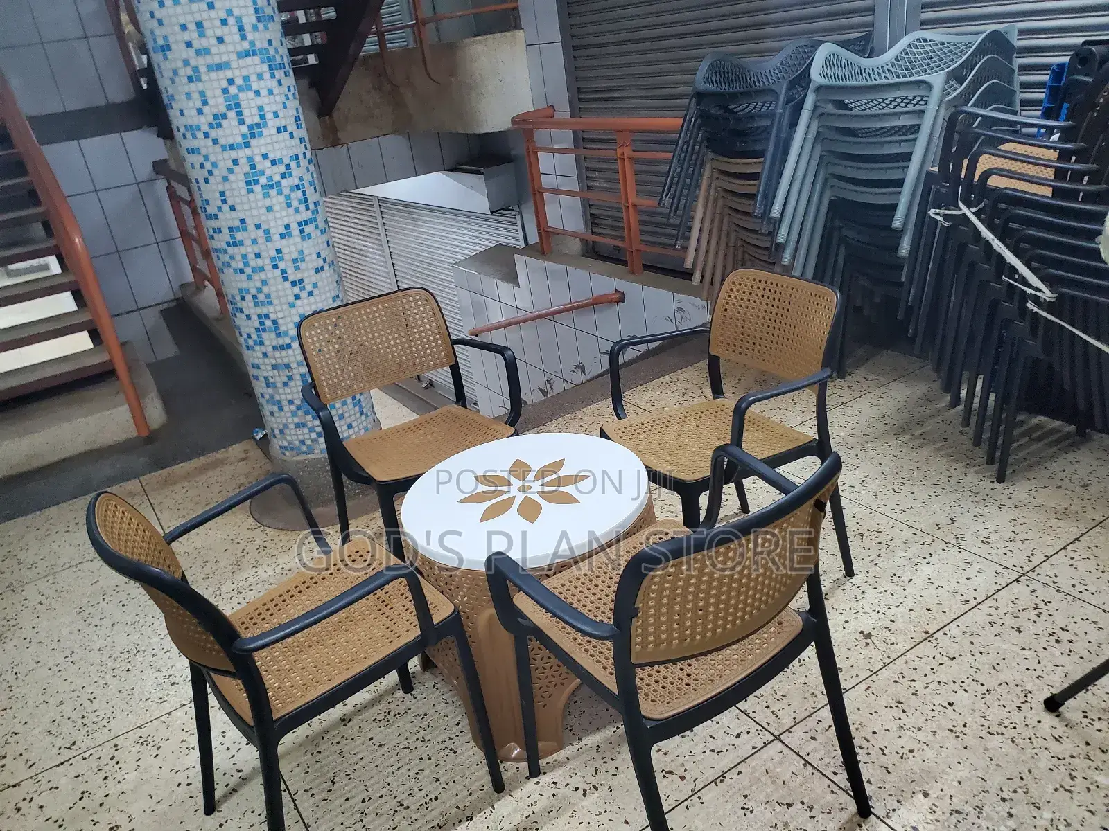 Brown Dining Plastic Chairs and Table