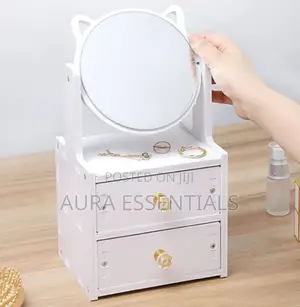 2 Tiers Vanity Makeup Tabletop Mirror Storage With Drawer
