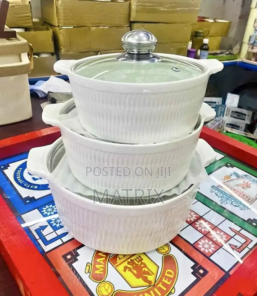 3pcs Ceramic Food Serving Dishes With Glass Covers-Cream