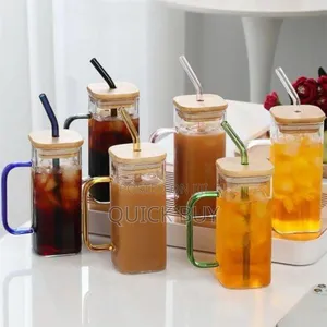 400ml Square Glass Cups With Bamboo Lids
