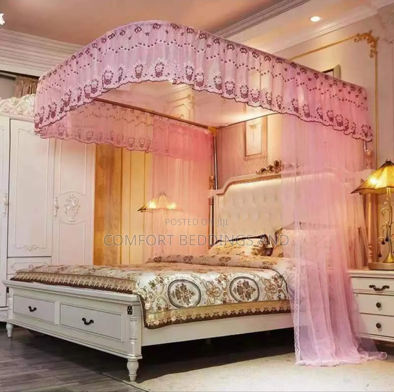 Two Stand Rail Mosquito Net  With Designed Lace Pink