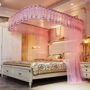 Two Stand Rail Mosquito Net  With Designed Lace Pink