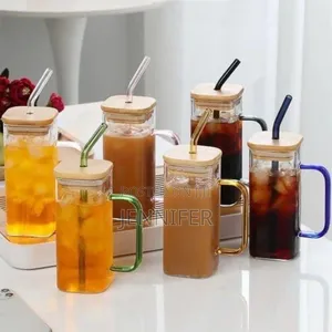 400ml Square Glass Cups With Bamboo Lids