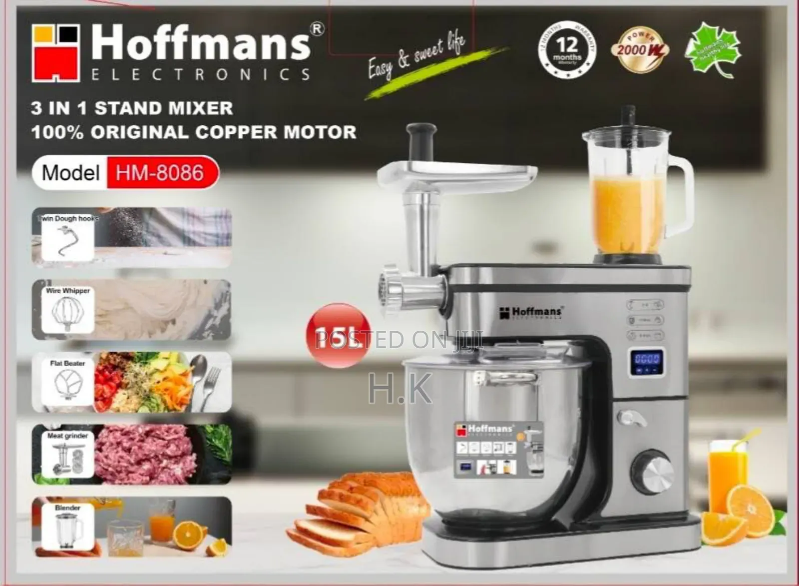 Hoffmans 3-in-1 15l Stand Mixer, Model Hm-8086.