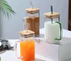 400ml Square Glass Cups With Bamboo Lids
