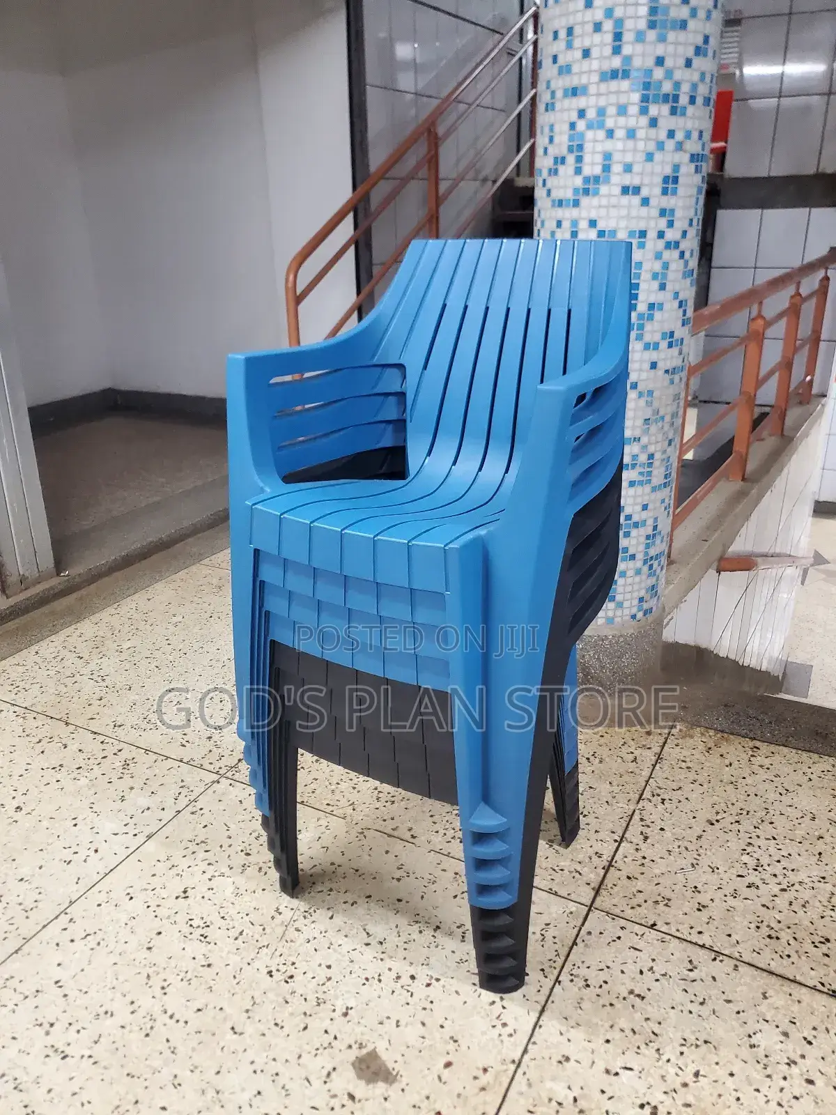 Stripped Black and Blue Plastic Chairs
