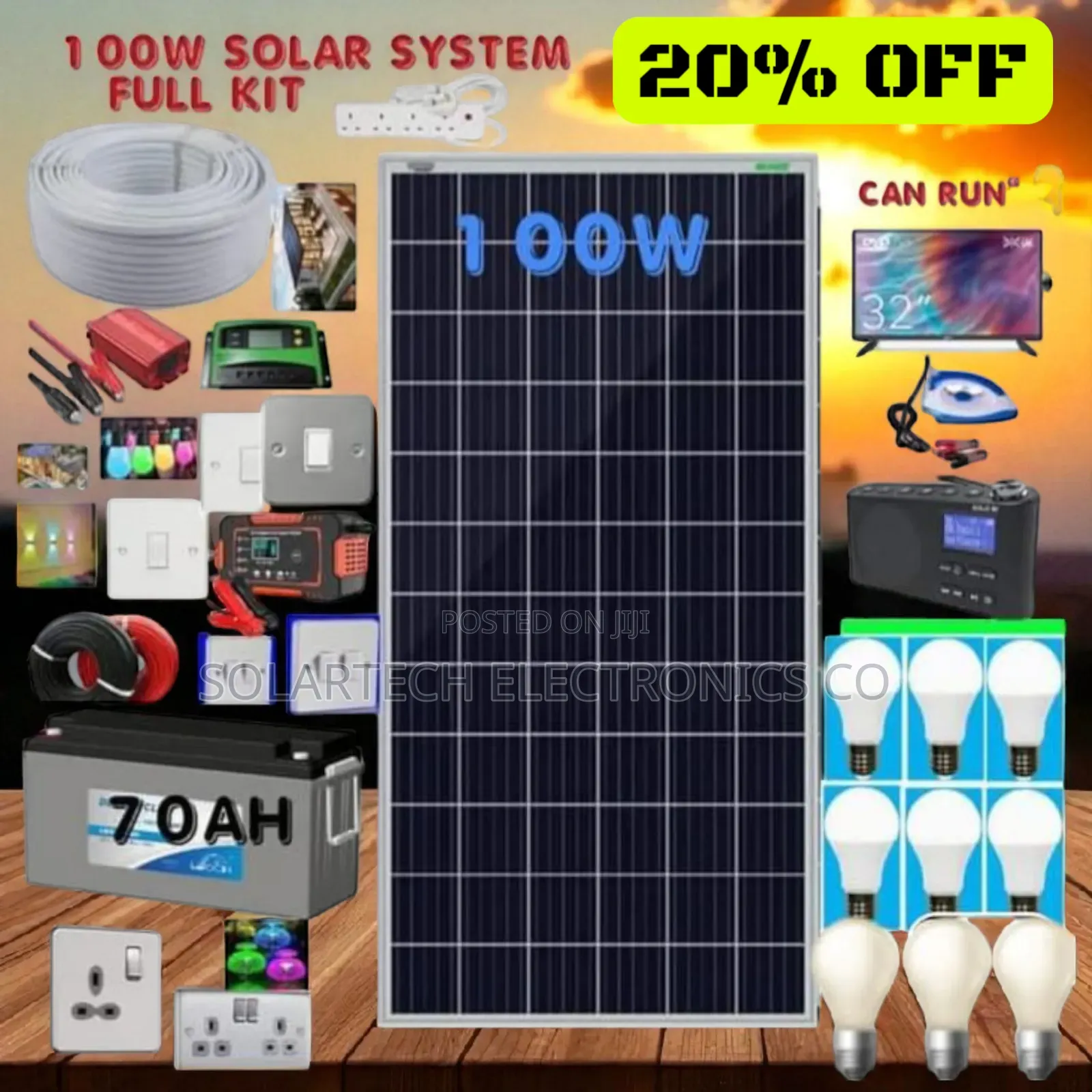 100w Solar System Full Kit/ Support Tv, Lighting Charging