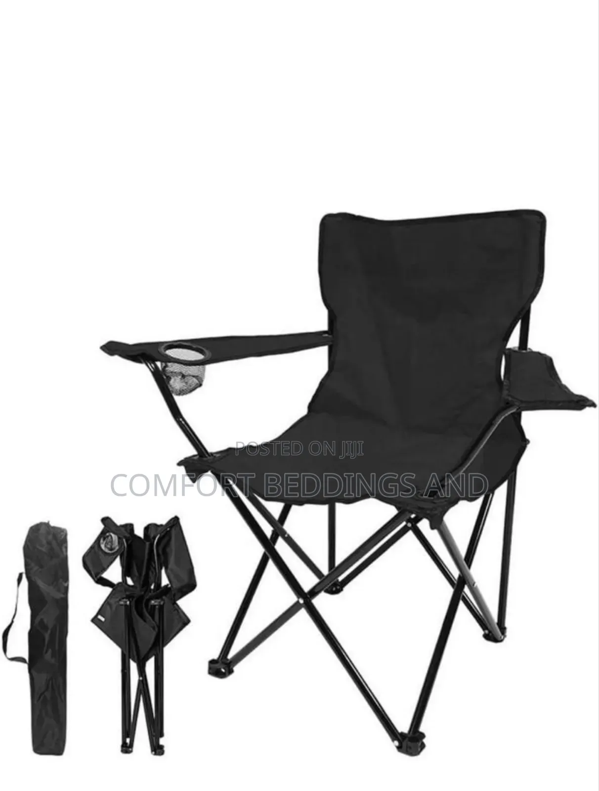 Foldable Camping Chair Black With Bottle Holder