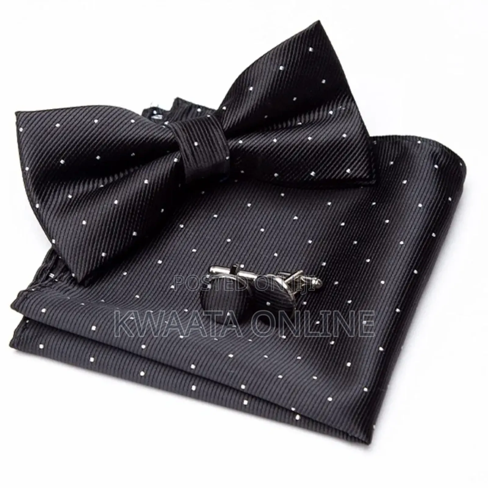 Men Bowtie Cravat Cufflinks Set Silver Dot in Gift Box