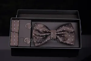 Men Bowtie Cravat Cufflinks Set Silver Dot in Gift Box