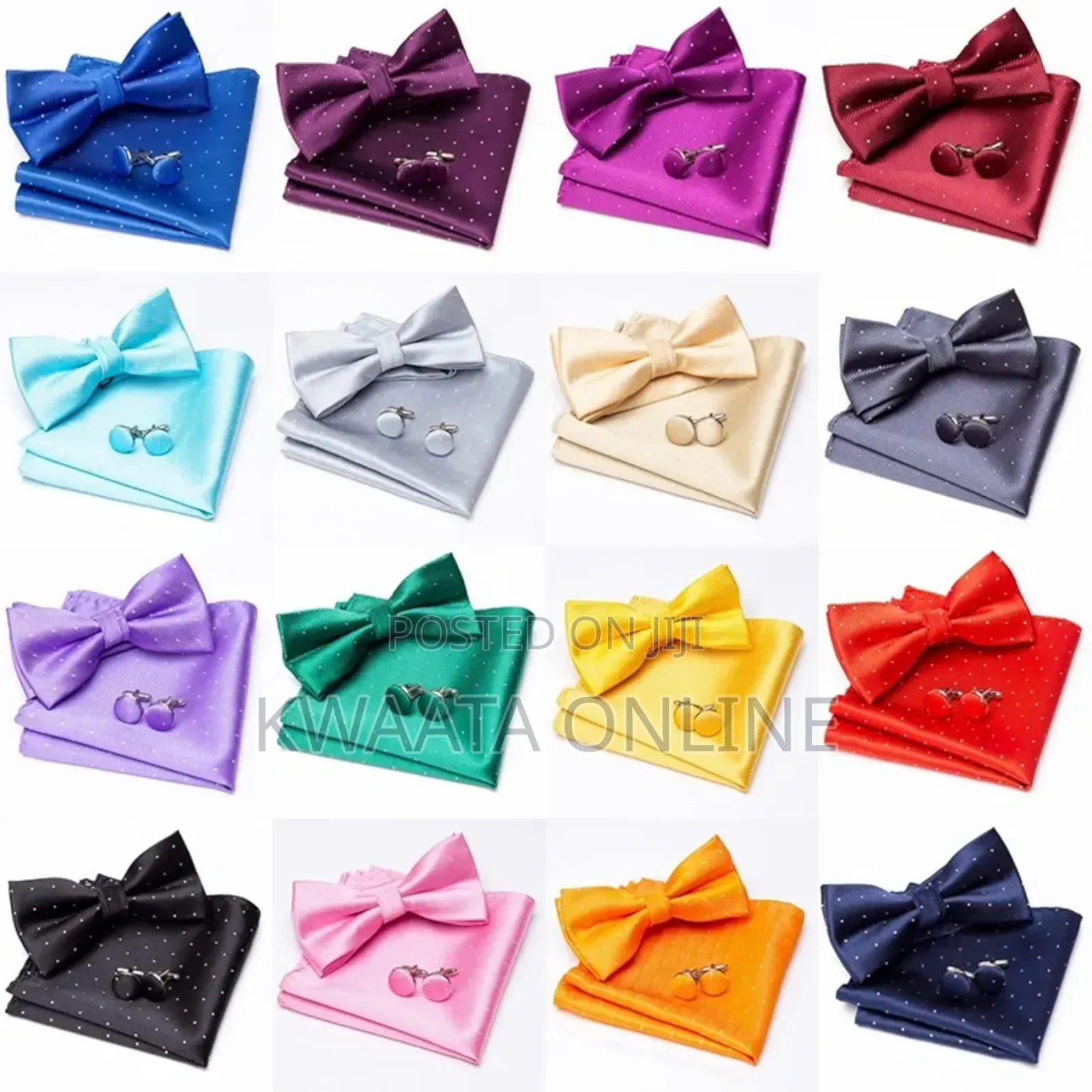 Men Bowtie Cravat Cufflinks Set Silver Dot in Gift Box