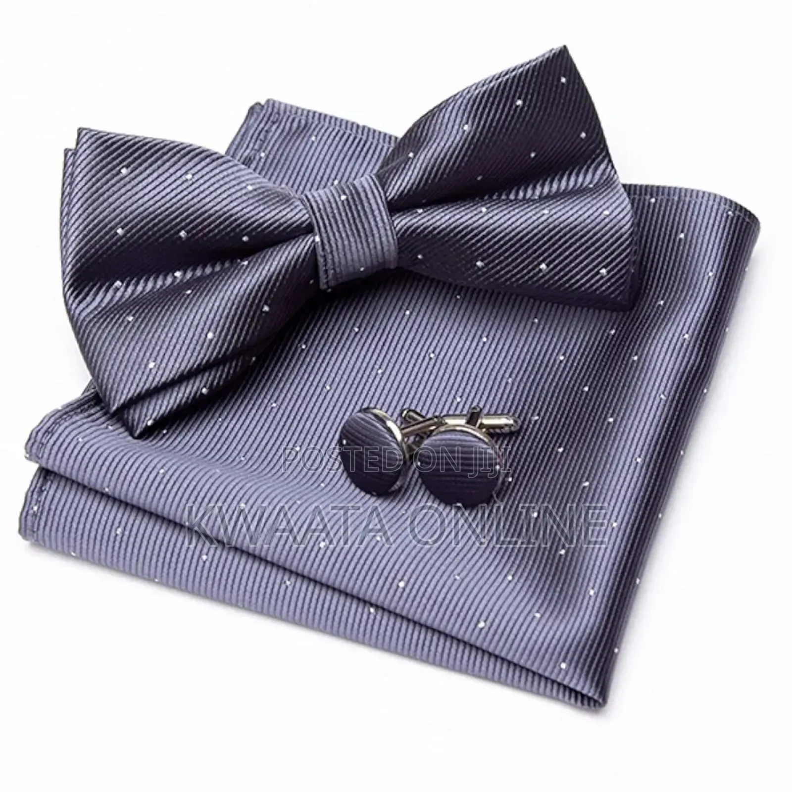 Men Bowtie Cravat Cufflinks Set Silver Dot in Gift Box