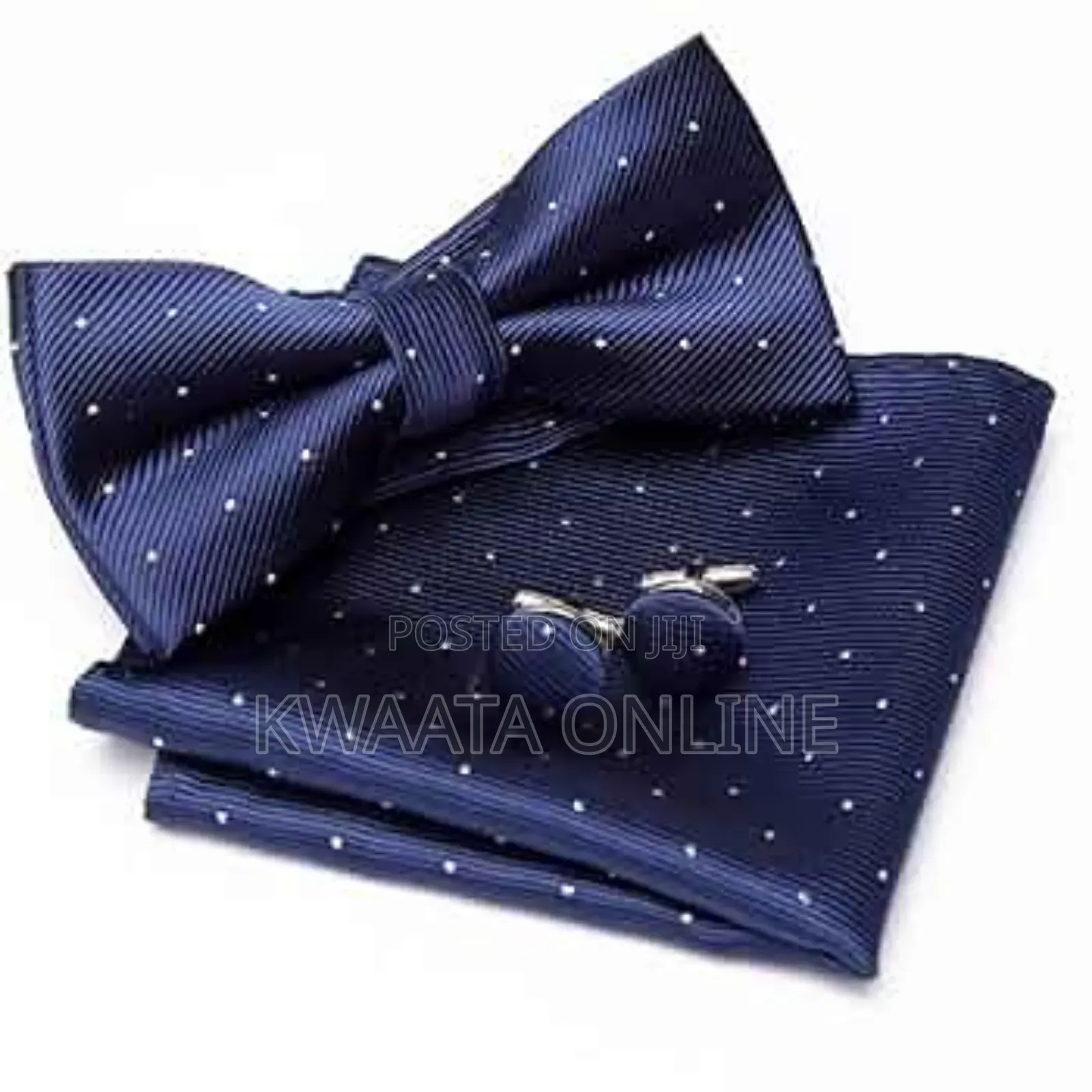 Men Bowtie Cravat Cufflinks Set Silver Dot in Gift Box