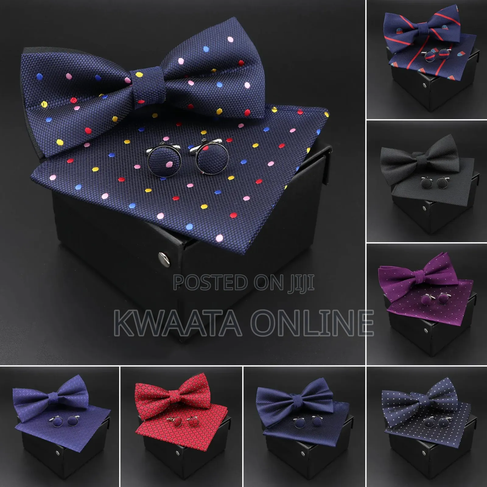 Men Bowtie Cravat Cufflinks Set Silver Dot in Gift Box