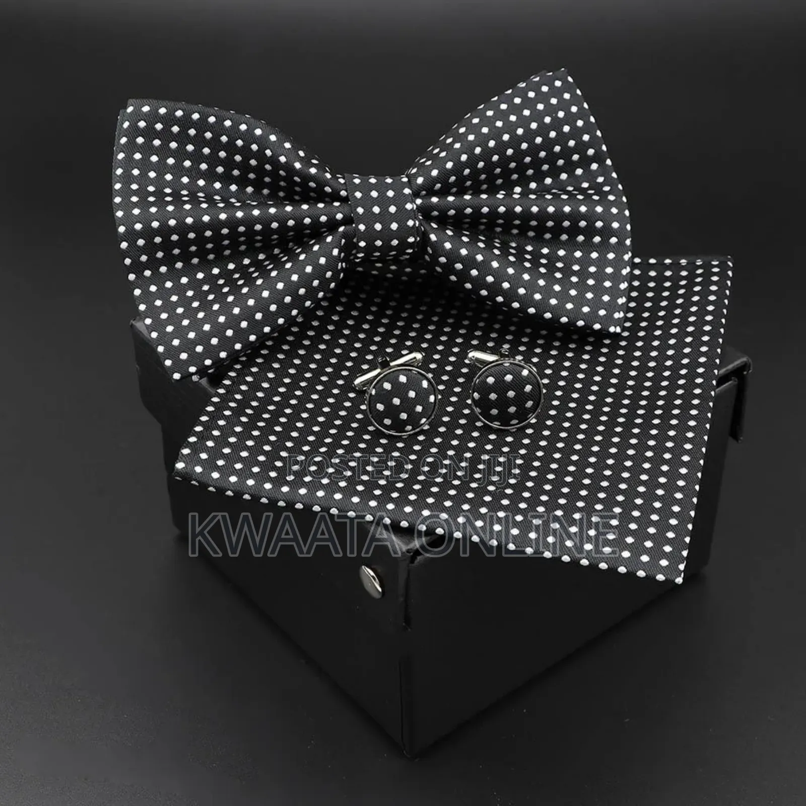 Men Bowtie Cravat Cufflinks Set Silver Dot in Gift Box