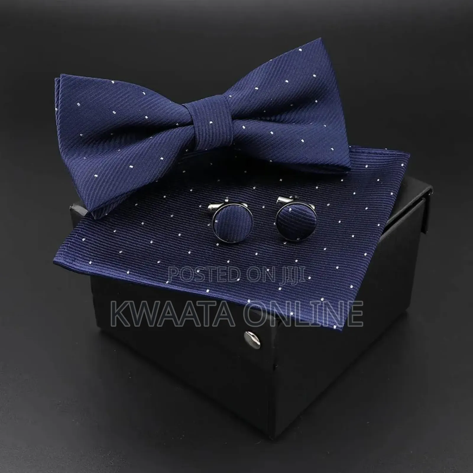 Men Bowtie Cravat Cufflinks Set Silver Dot in Gift Box