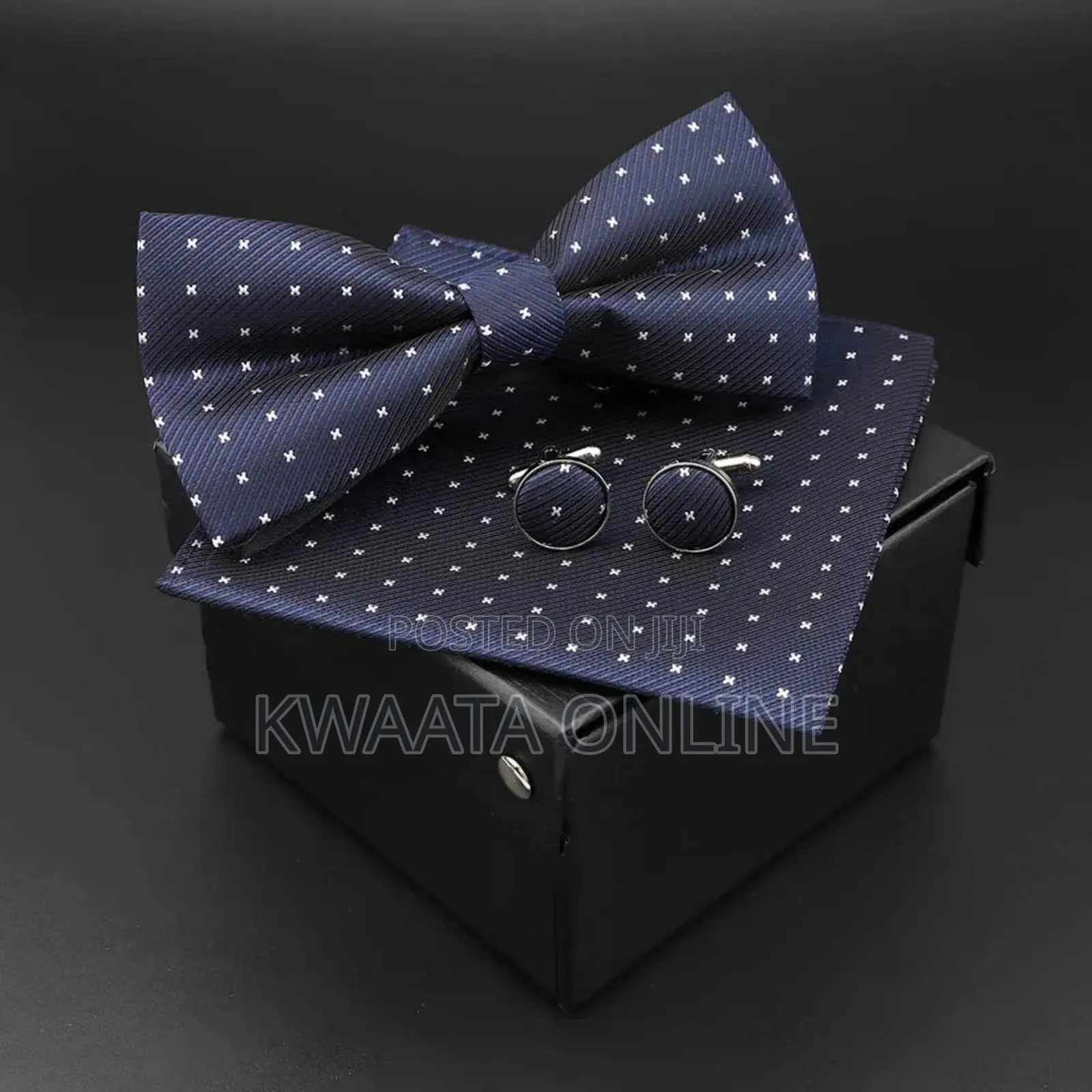 Men Bowtie Cravat Cufflinks Set Silver Dot in Gift Box