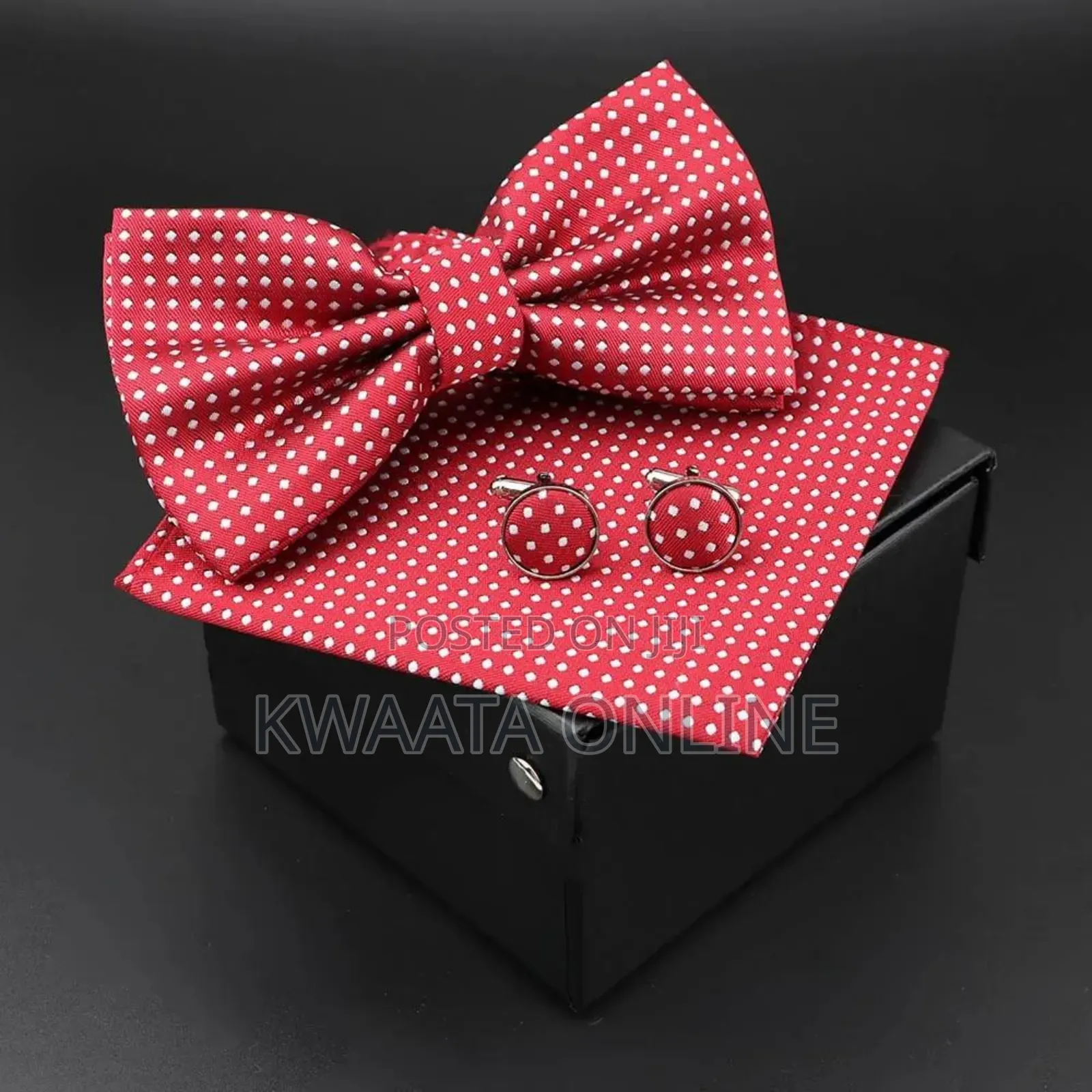 Men Bowtie Cravat Cufflinks Set Silver Dot in Gift Box