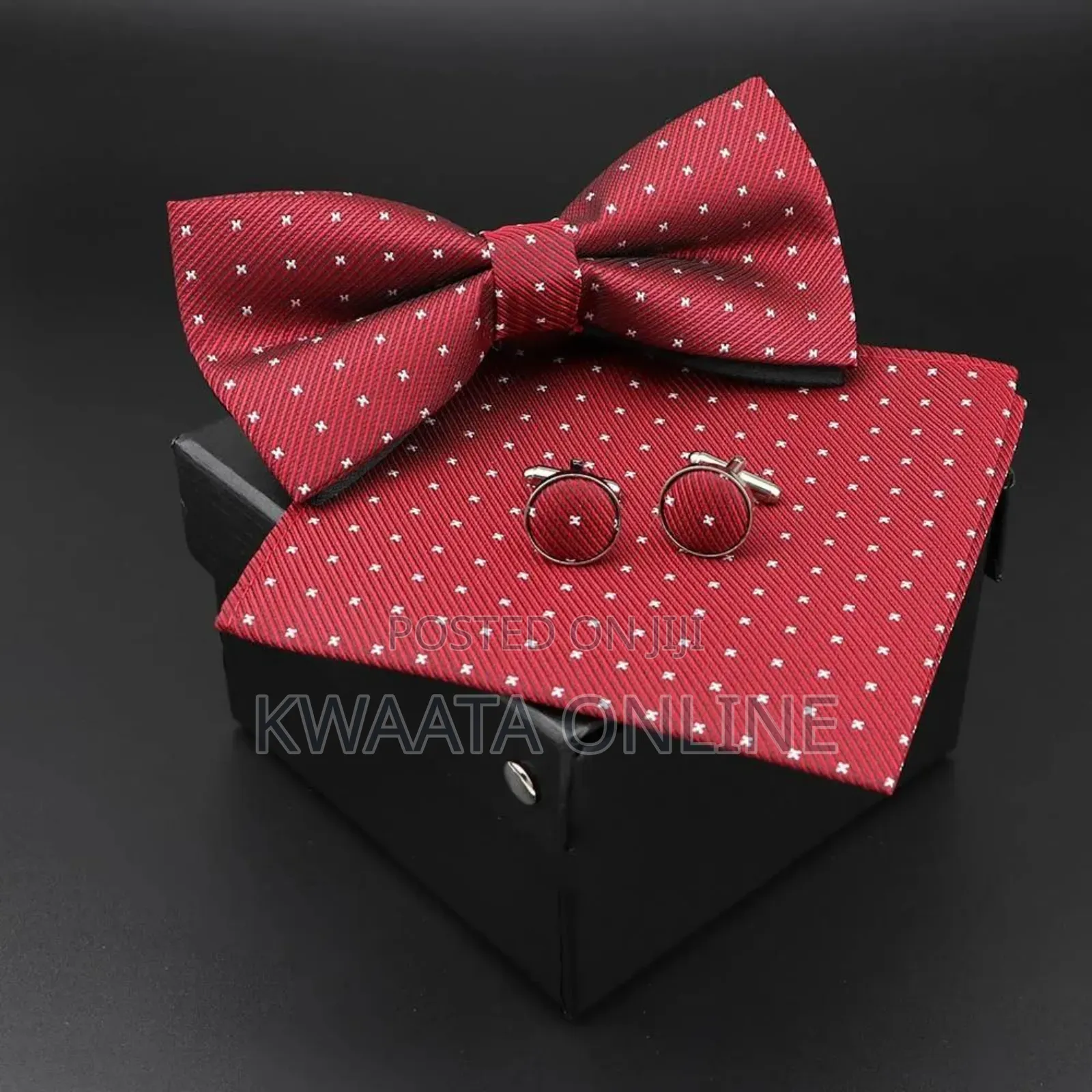 Men Bowtie Cravat Cufflinks Set Silver Dot in Gift Box