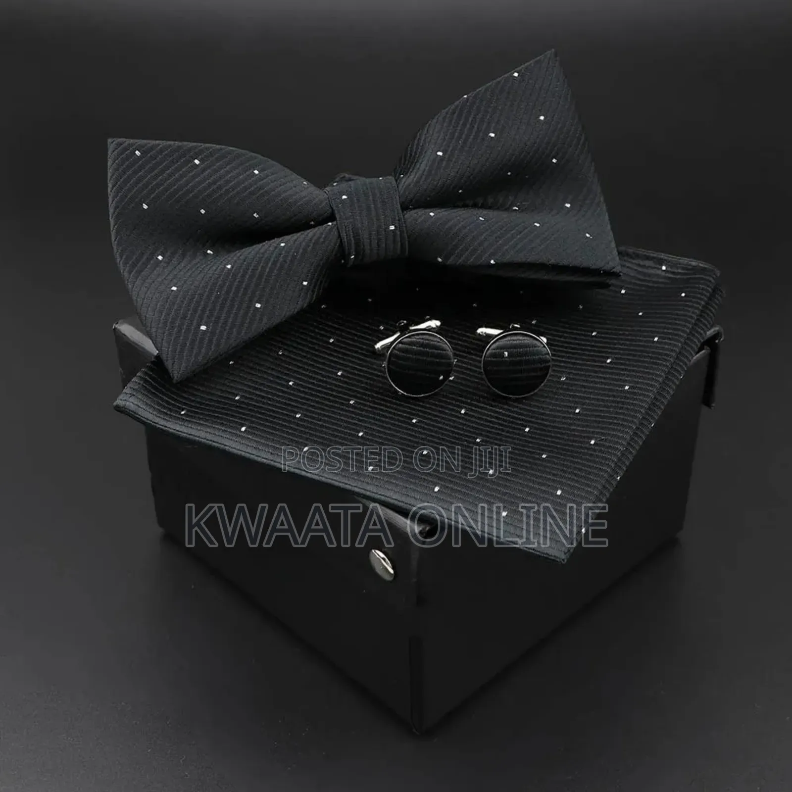 Men Bowtie Cravat Cufflinks Set Silver Dot in Gift Box