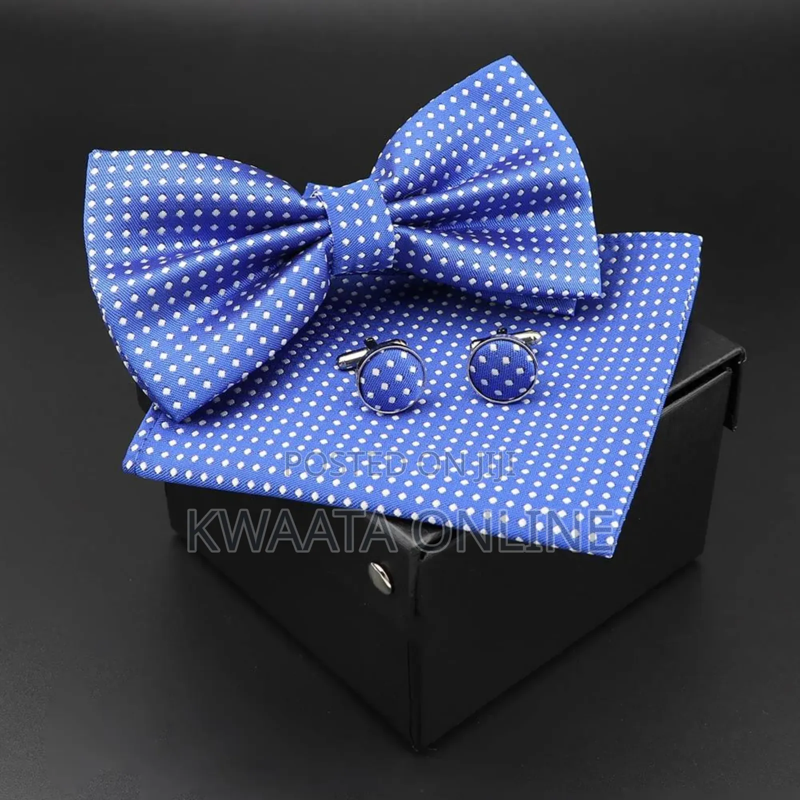 Men Bowtie Cravat Cufflinks Set Silver Dot in Gift Box