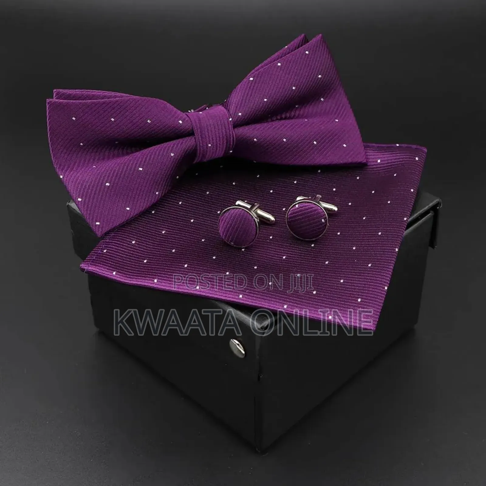 Men Bowtie Cravat Cufflinks Set Silver Dot in Gift Box