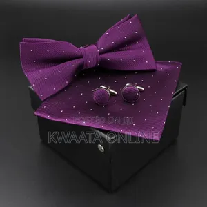 Men Bowtie Cravat Cufflinks Set Silver Dot in Gift Box