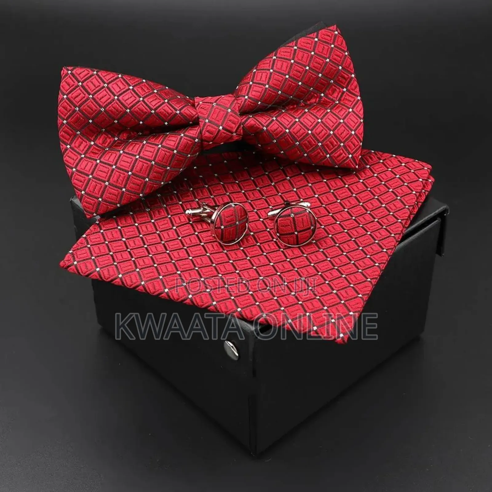 Men Bowtie Cravat Cufflinks Set Silver Dot in Gift Box