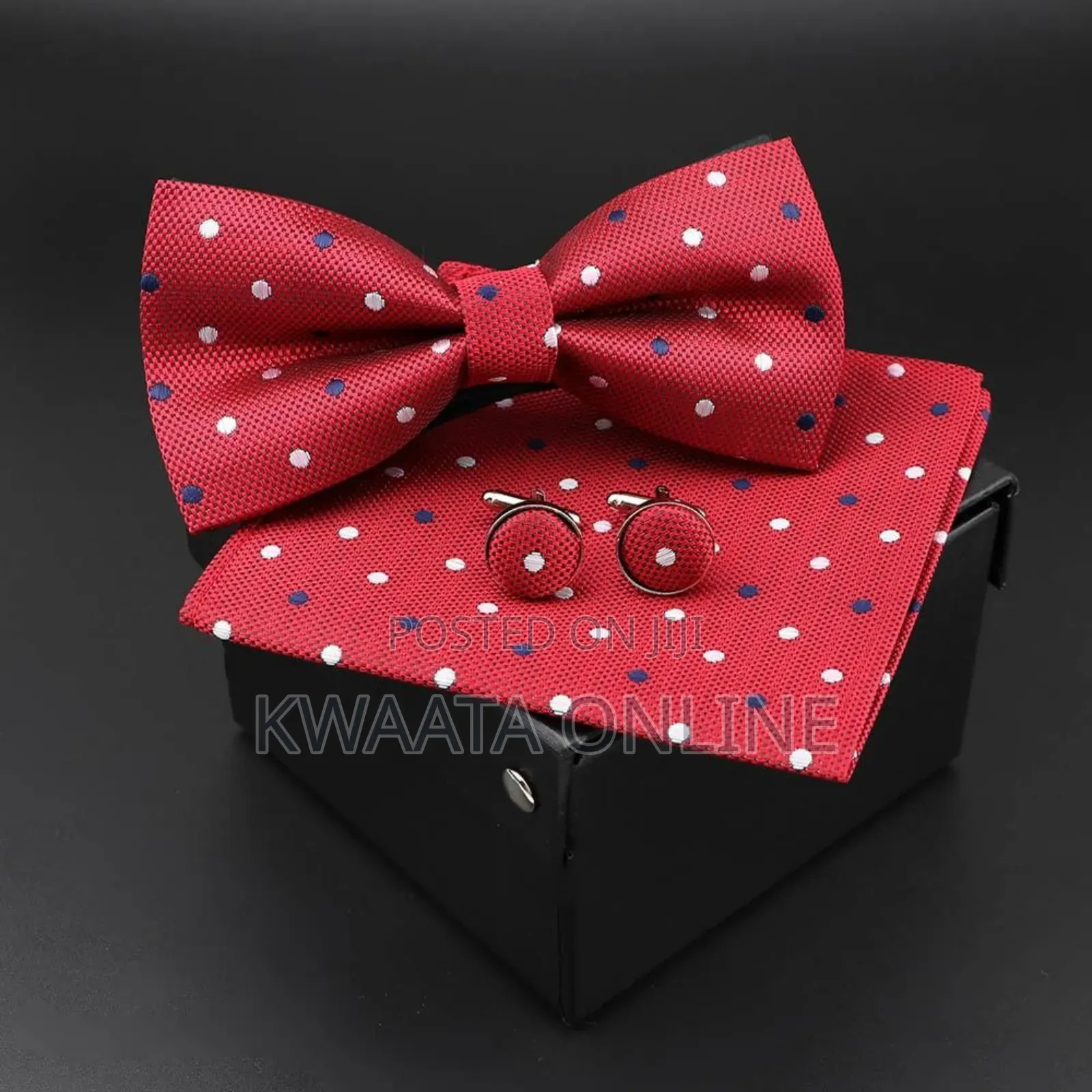 Men Bowtie Cravat Cufflinks Set Silver Dot in Gift Box