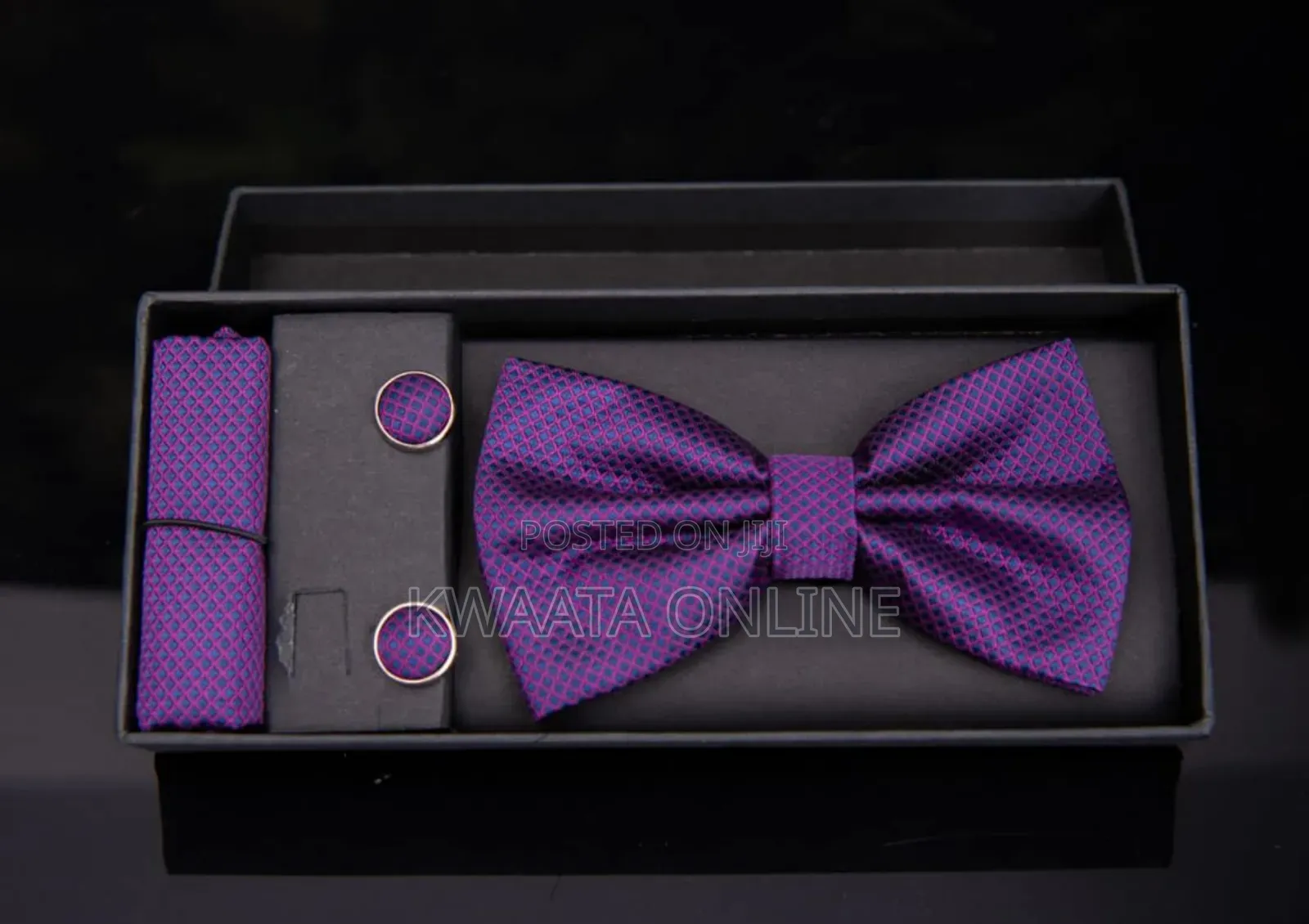 Plaid Microfiber Bowtie, Pocket Square,Cufflinks Set