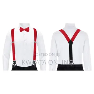 Mens Solid Fabric Suspenders Braces Convertible Leather Ends