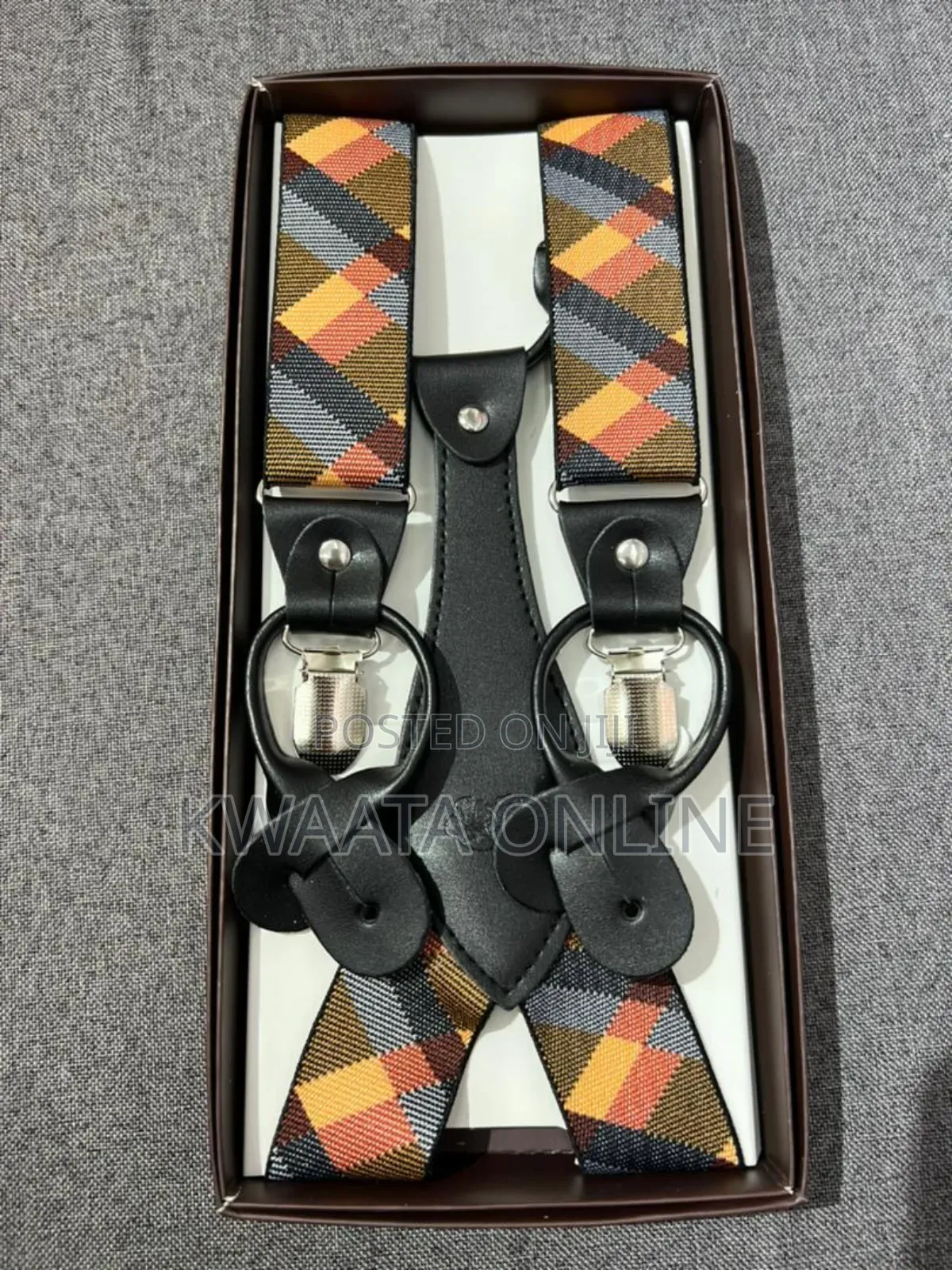 Mens Solid Fabric Suspenders Braces Convertible Leather Ends
