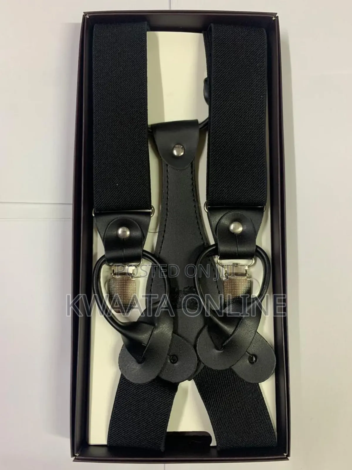 Mens Solid Fabric Suspenders Braces Convertible Leather Ends
