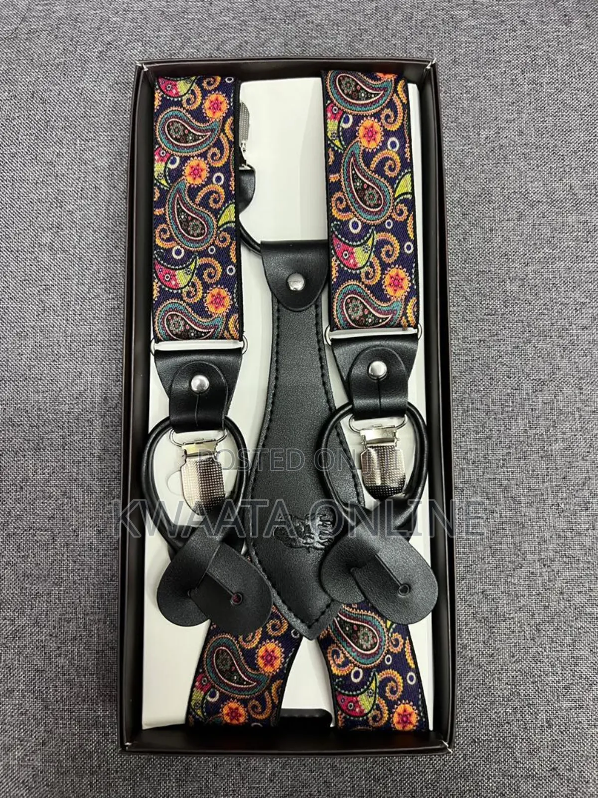 Mens Solid Fabric Suspenders Braces Convertible Leather Ends