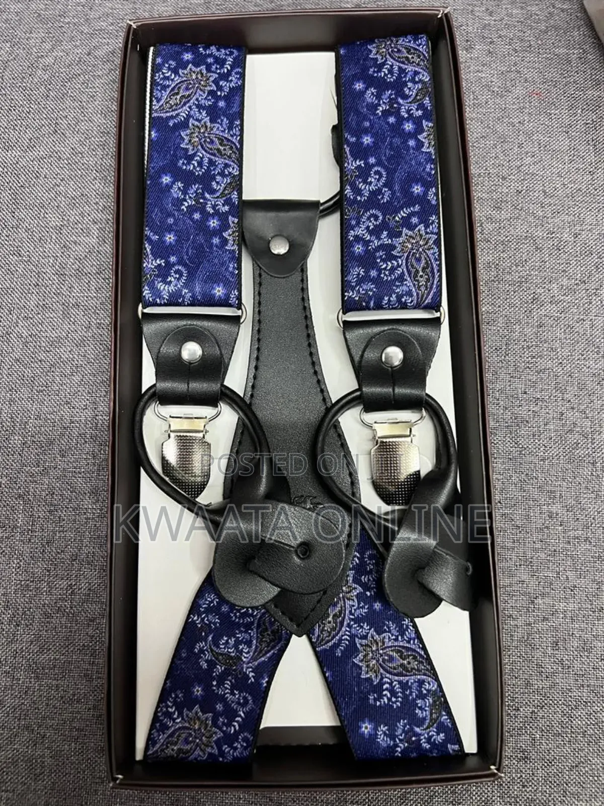 Mens Solid Fabric Suspenders Braces Convertible Leather Ends