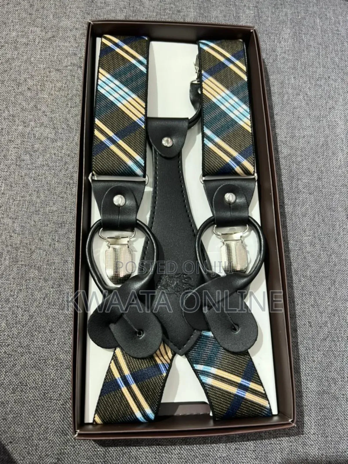 Mens Solid Fabric Suspenders Braces Convertible Leather Ends