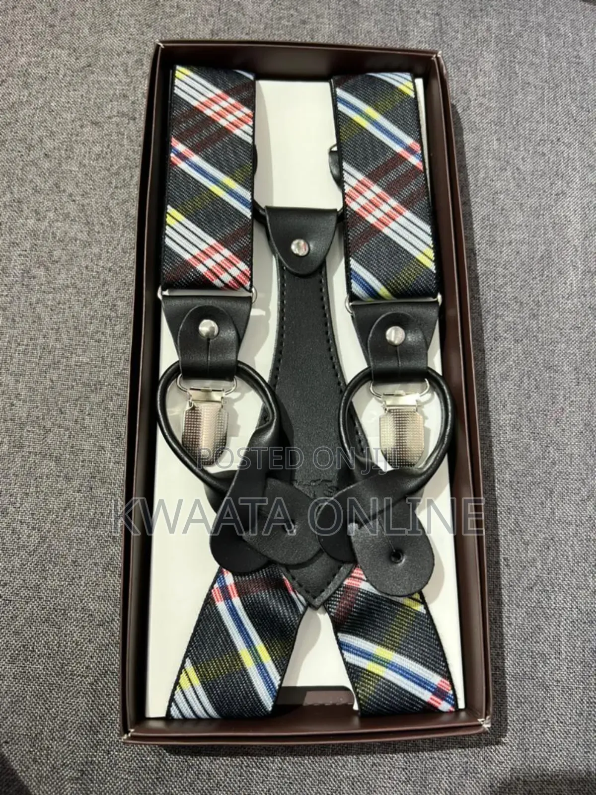 Mens Solid Fabric Suspenders Braces Convertible Leather Ends