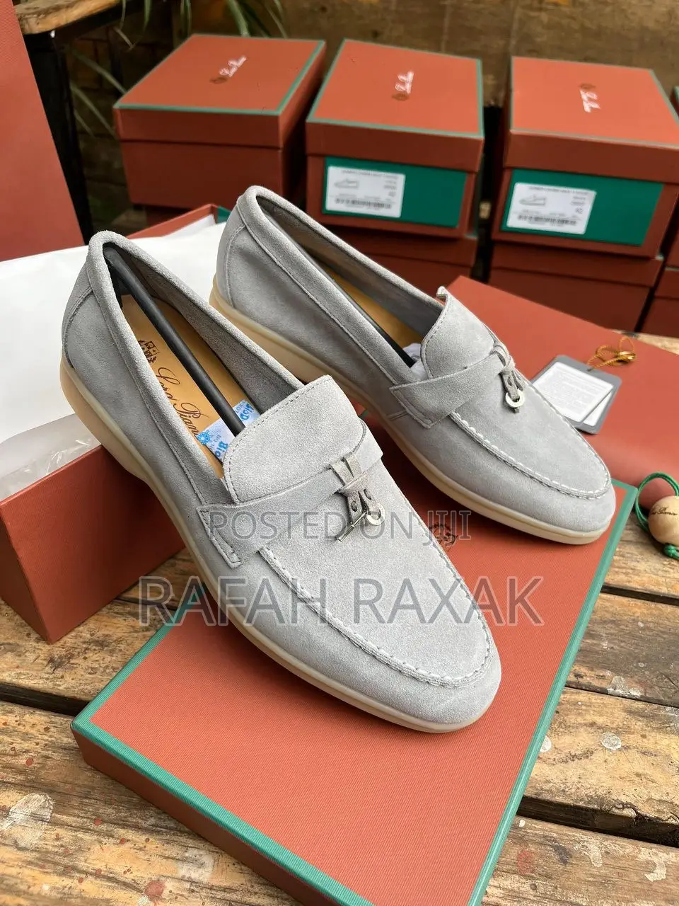 Original Grey Loro Piano Summer Charms Walk Suede Loafers
