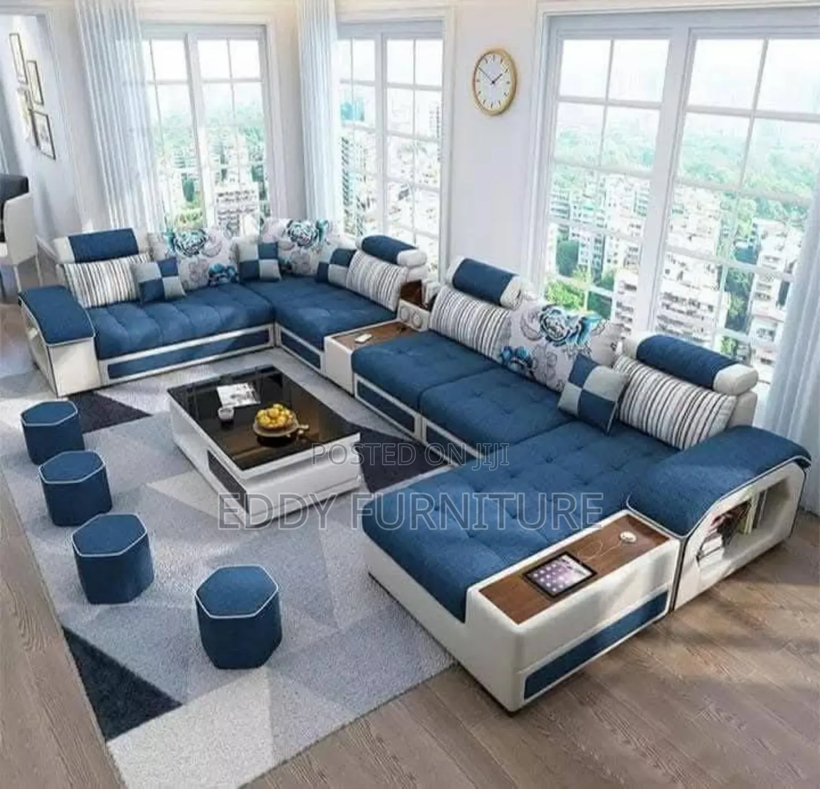 White and Blue U Shape Sofa