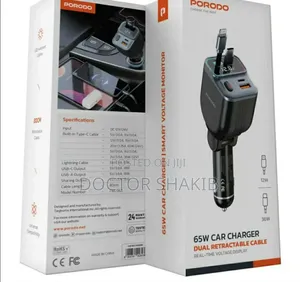 New Porodo 65w Car Charger Dual Retractable Cable - Black