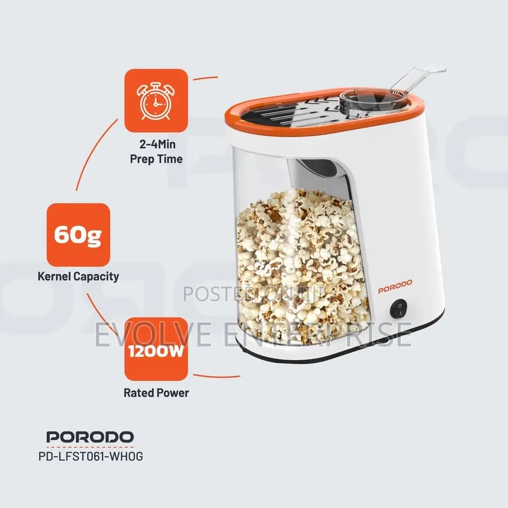 Oil Free Porodo Air-Popped Popcorn Maker - White/Orange