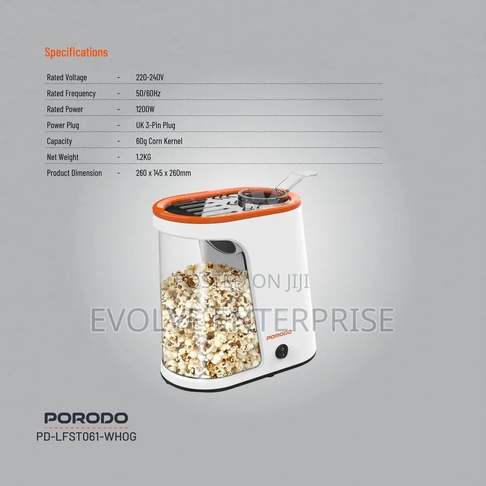 Oil Free Porodo Air-Popped Popcorn Maker - White/Orange