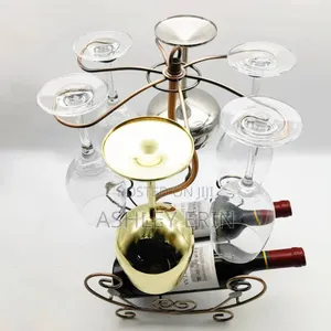 2 Bottle 6 Wine Glass Rack Storage Organizer Holder, Gold