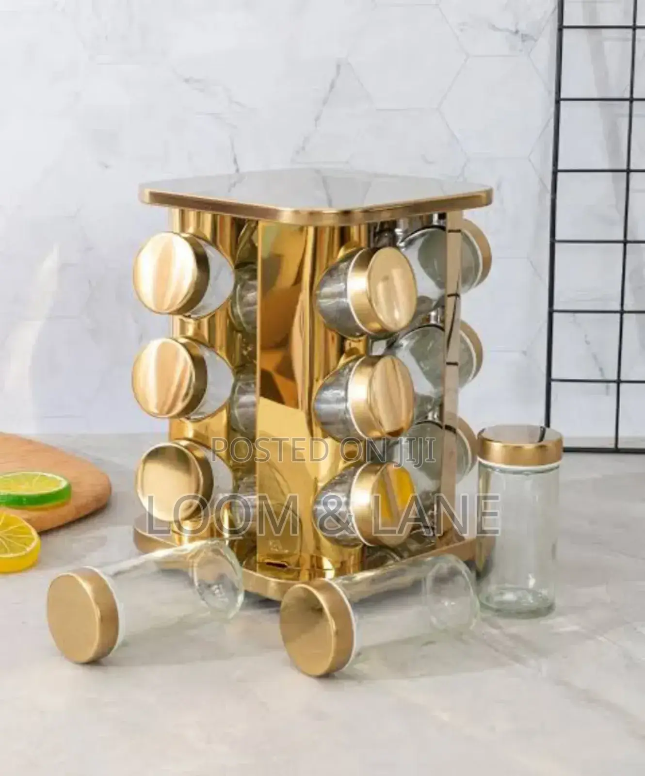 Countertop Glass Rotating Spice Rack 12 Spice Jars Gold