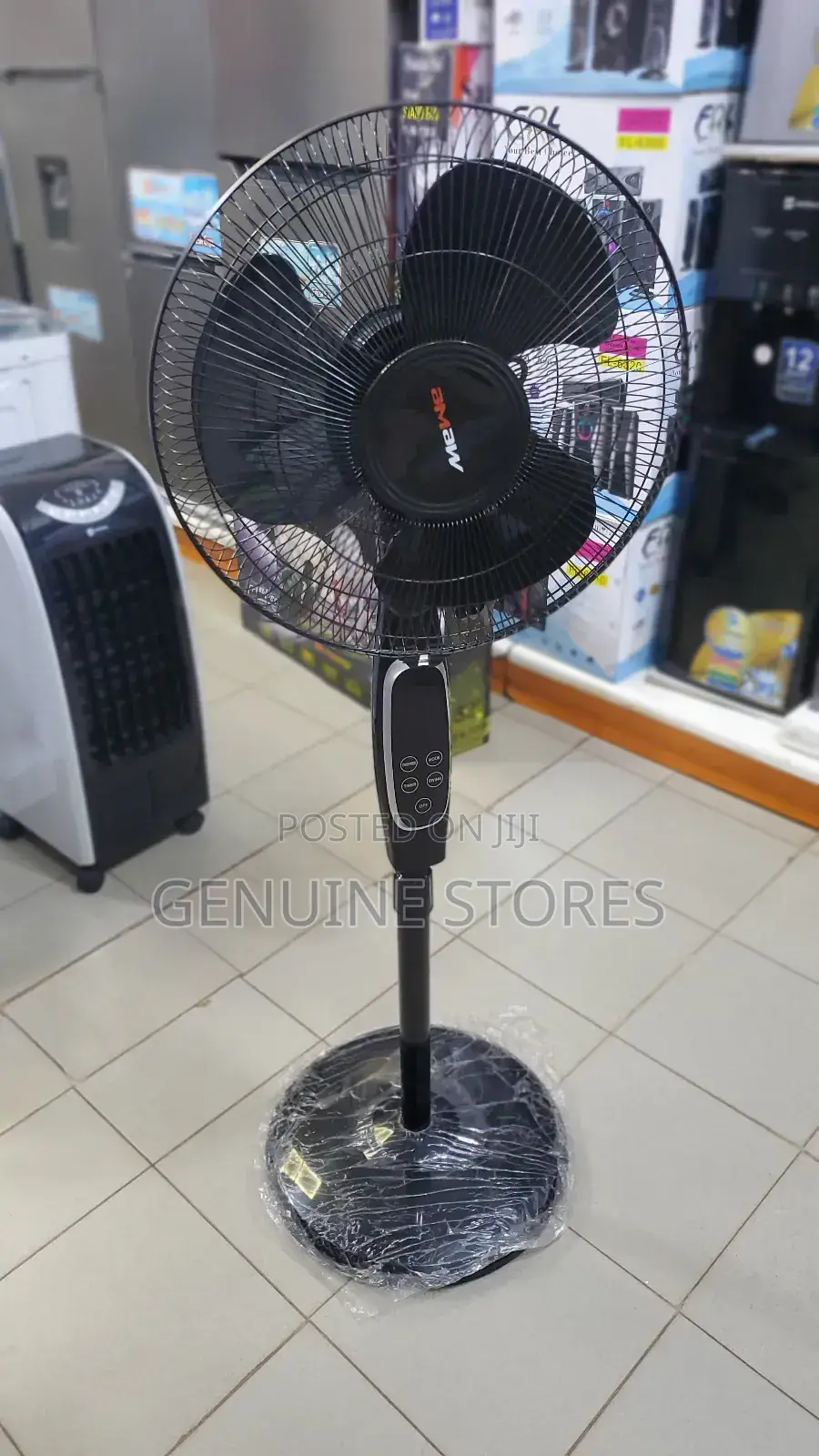 Black Mewe Stand Fan With a Remote Control.