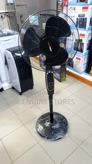 Black Mewe Stand Fan With a Remote Control.