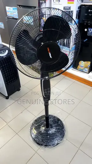 Black Mewe Stand Fan With a Remote Control.