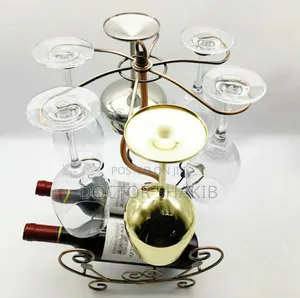 Unique 2 Bottle 6 Wine Glass Rack Storage Organizer Holder, Gold