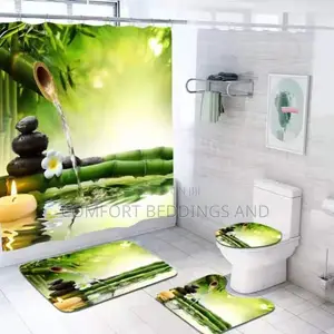 Toilet Mat Set With Shower Curtain Green