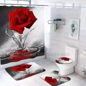 Toilet Mat Set With Shower Curtain Red